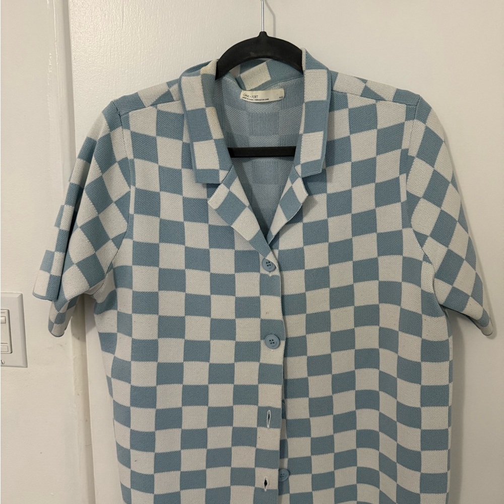 Oak + Fort Checkerboard Short Sleeve Button-Up Shirt - Light Blue & White
